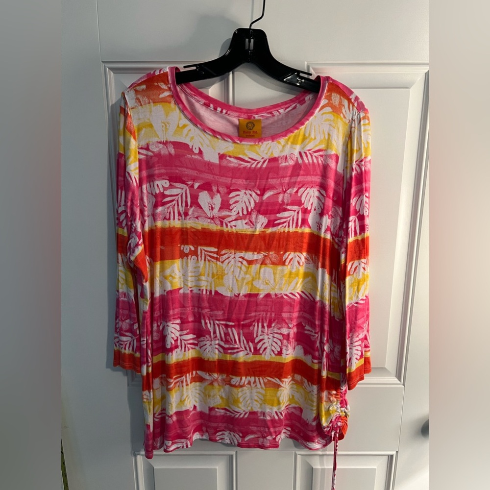 Ruby Road 3/4 sleeve pink, orange, and yellow top with scrunch side detail